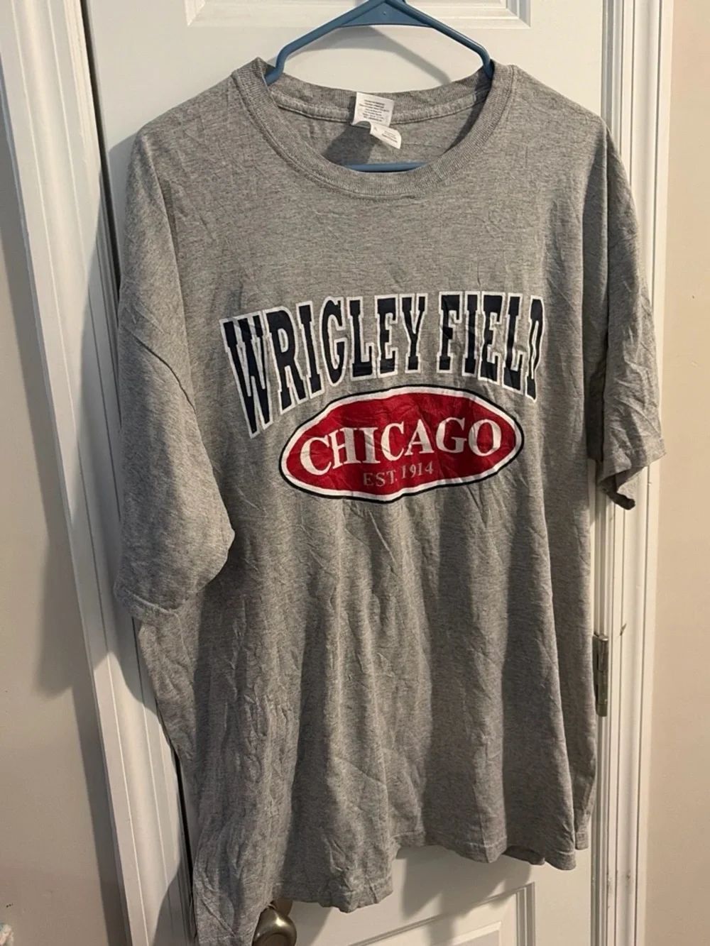 Gildan Grey Wrigley Field Chicago Graphic Tee with Red Logo